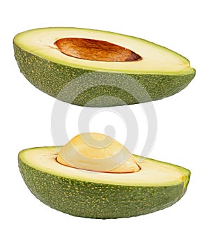 Two slices of avocado isolated on the white background. One slice with core. Design element for product label. File contains