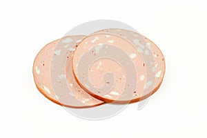 Two slices of chicken mortadella isolated on white background