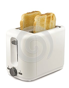 Two slices of golden brown toast in an electrical toaster