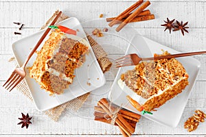 Two slices of homemade carrot cake with cream cheese frosting, top view table scene over white wood