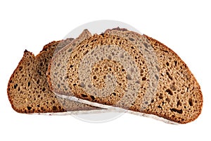 Two slices of rye bread in closeup isolated