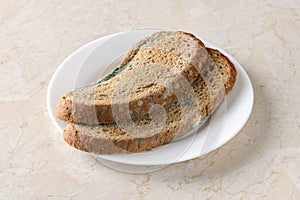 Two slices of stale rye bread with green mildew on a white plate over kitchen table. Moldy fungus on rotten bread. Spoiled bread