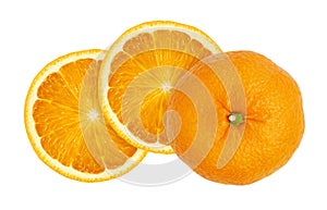 Two slices of sweet juicy orange fruit and a half isolated on white