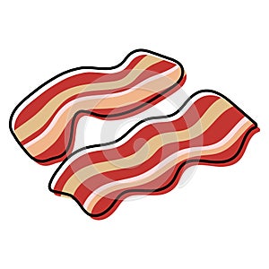 Two slices of wavy bacon on white background. Cartoony bacon strips roasted. Simplified, outline color filled vector illustration