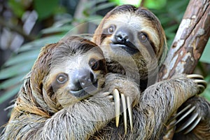 Two Sloths Hanging From a Tree photo