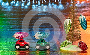 Two small all-terrain vehicles, transporting Christmas decorations