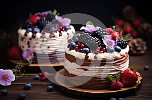 Two small baked cakes on a plate decorated with cherries, blackberries and flowers, dark wooden table