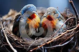 Two small birds sit inside a cozy nest chirping happily under a leafy canopy, baby animals in the wild image
