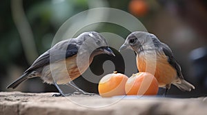 two small birds standing next to each other on a table with oranges on the table and a tree in the back ground behind them