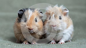 Two small brown and white guinea pigs sitting next to each other, AI