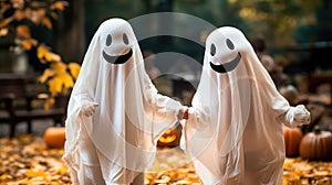 Two small children in white costumes celebrate Halloween. The concept of a ghost costume for Halloween. Generative AI