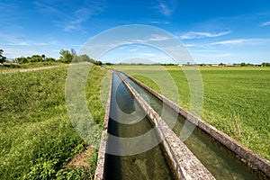 Two Small Concrete Irrigation Canals a Rural Scene - Padan Plain Italy