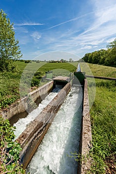 Two Small Concrete Irrigation Canals a Rural Scene - Padan Plain Italy