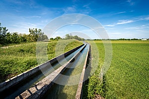 Two Small Concrete Irrigation Canals a Rural Scene - Padan Plain Italy