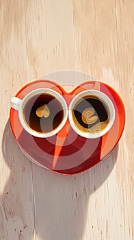 Two small cups of coffee accompanied by heart shaped saucer