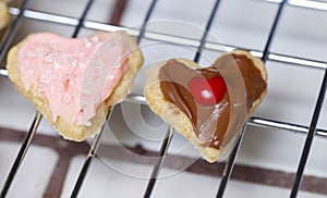 Two small cute adorable heart Valentine cookies. One in pink fro