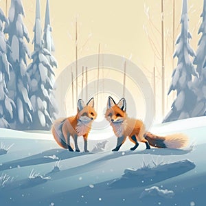 Two small cute foxes in the snow land, animals, wildlife