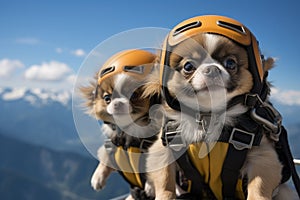 Two small dogs donning helmets as they conquer the peak of a majestic mountain, Tibetan Spaniel puppies skydiving in the French