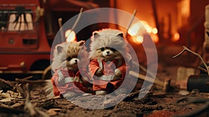 Two small dogs dressed in red outfits sit in front of a fire, AI