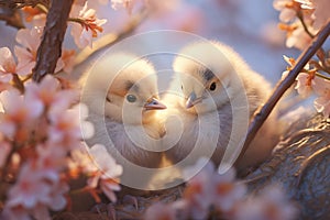 Two small fluffy white chicks on a tree branch with pink flowers. Spring and wild nature. Copy space