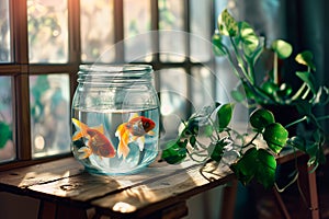 Two small goldfish inside a glass jar on a wooden table with natural lighting through a window