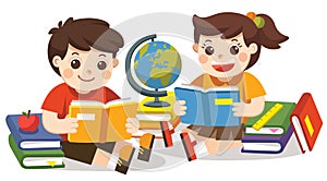 Two small kids holding open books and reading. Isolated vector.