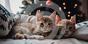 Two small kittens laying on a bed next to a christmas tree. AI generative image.