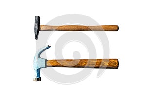 Two small metal hammers with a wooden handle, isolated on a white background with a clipping path.