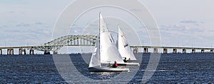 Two small two person sailboats with the Great South Bay bridge in the background