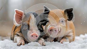 Two Small Pigs Laying on Top of a Pile of Wood