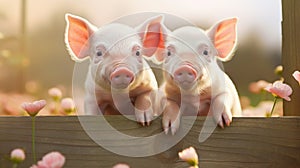 Two small pigs sitting on top of a wooden fence