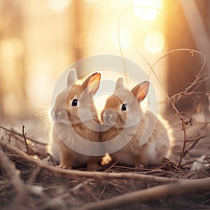 Two small rabbits sitting on the ground in the woods, AI