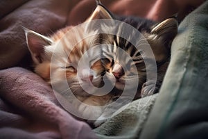 Two small striped domestic kittens sleeping at home lying on bed white blanket funny pose. cute adorable pets cats