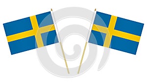 Small Swedish flags isolated on white background, vector illustration. Flag of Sweden on pole