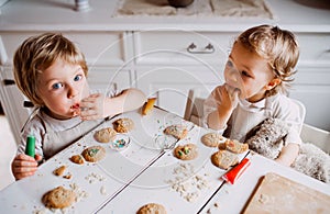 Two small toddler children sitting at the table, decorating and eating cakes at home.