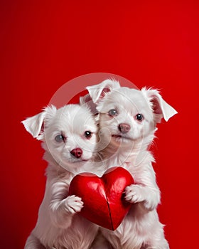 Two small white dogs are holding heart shaped by their front legs. Generative AI