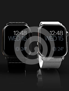 2 smart watches - Apple Watch 4, silver and black, on dark