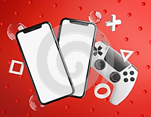 Two Smartphone Mockup Template Red Gamepad Console Background 3D Rendering