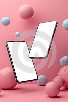 Two smartphones with blank screen flying mockup on pink background with abstract 3d balls. Smartphones levitation