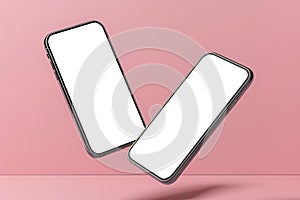 Two smartphones with blank screen flying mockup on pink background. Business infographic mockup of web site or design