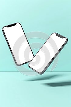 Two smartphones with blank screen flying mockup on turquoise background. Business infographic mockup of web site or