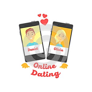 Two smartphones with man and woman characters avatars for online dating service promo. Love chat. Vector flat