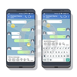 Two smartphones with social network or messenger application template with and without virtual keyboard