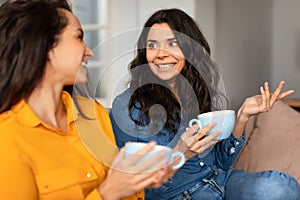 Two Smiling Besties Ladies Talking Sitting With Tea Cups Indoor