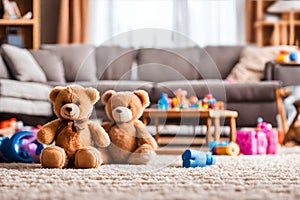 Two smiling brown teddy bears sitting alone on the floor.