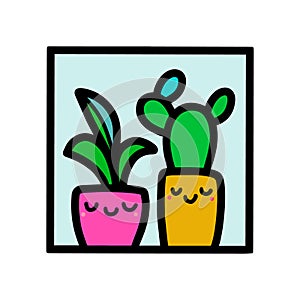 Two smiling cactus in pots hand drawn vector illustration doodle icon logotype in cartoon style