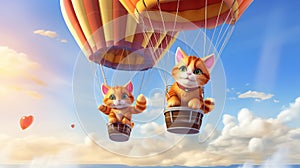 Two smiling cats in the sky on an air balloon, with a simple geometric watercolor background, banner