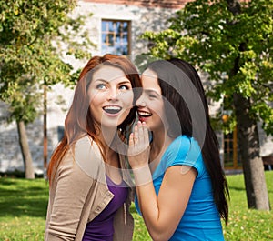 Two smiling girls whispering gossip