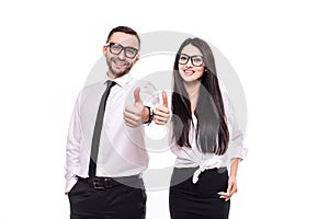 Two smiling happy businesspeople in formalwear showing thumbs-up on white background