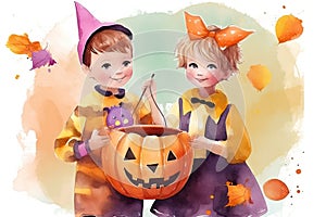Two smiling little kids in Halloween costumes holding pumpkin buckets for candies, watercolor illustration